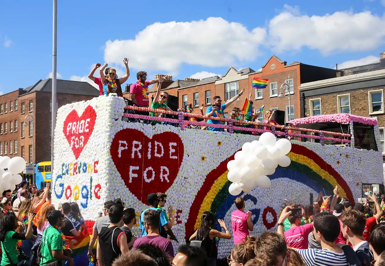 Google Pride Bus Activation far shot of top of the bus