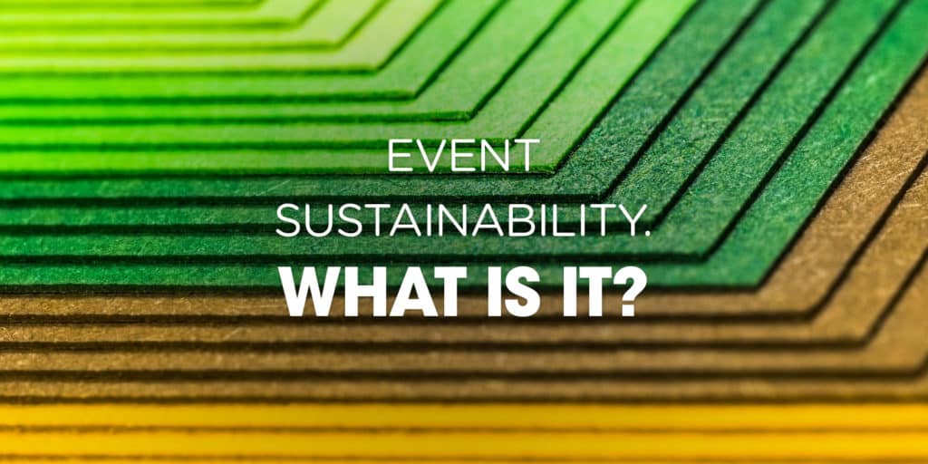  A graphic with the text 'Event Sustainability. What is it?' over a background of green and brown stripes.