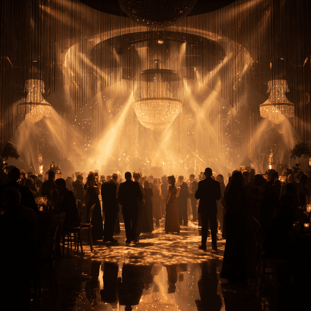 Stage with a bold shape, red and green lighting, and strong event décor creating an immersive and cohesive themed experience